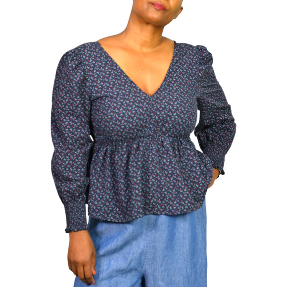 Madewell Tie Back Peplum Top Blue Daisies Floral Ditsy Micro Print Blouse Small - Picture 1 of 16